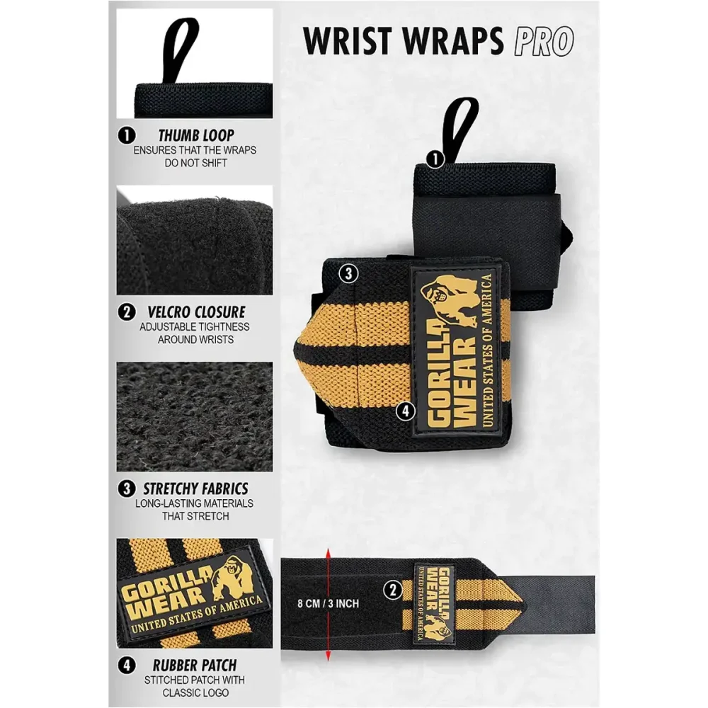 Gorilla Wear Wrist Wraps PRO Black-Gold Fitnes Oprema Powerhouse Shop MK